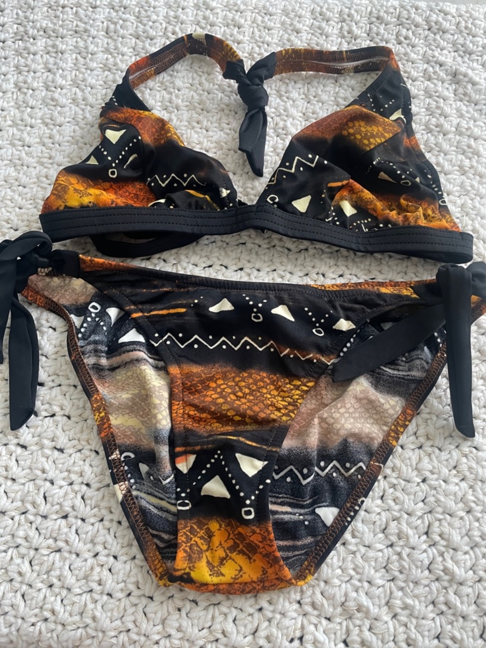 VENUS Black and Orange Patterned Halter Bikini Set